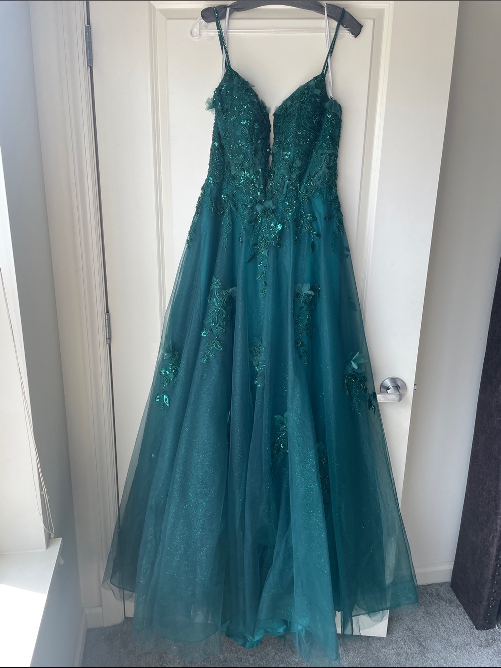 Emerald Green Beaded Tulle Evening Gown